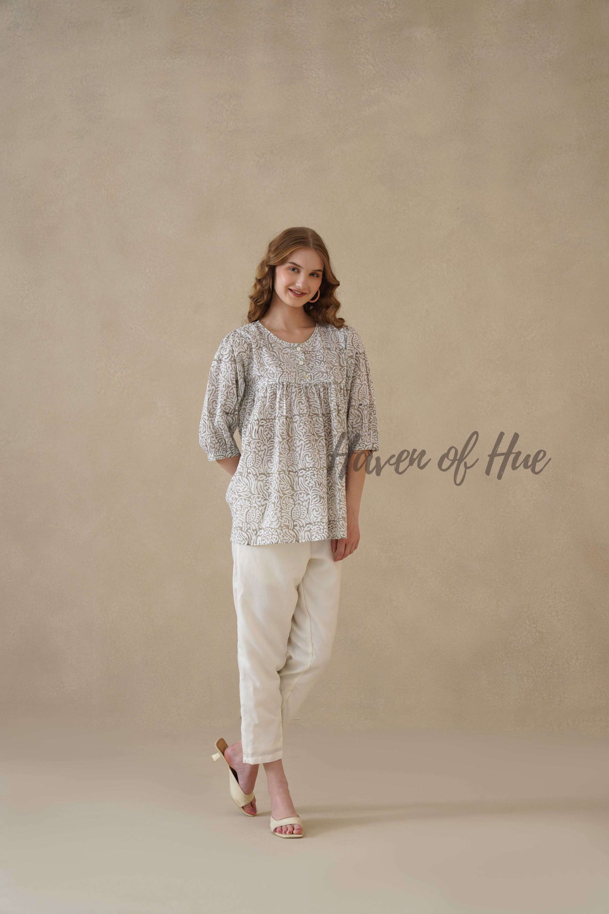 Women’s Gray Floral Hand Block Printed Cotton A-Line Boho Blouse
