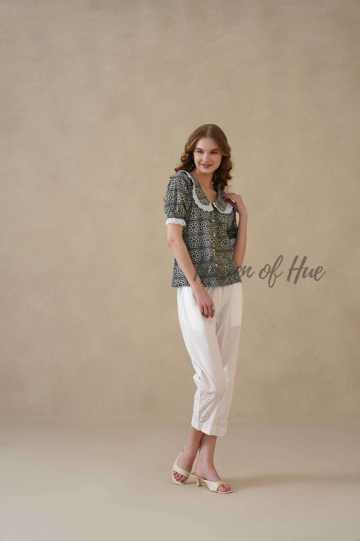 Women’s Indigo Blue Floral Cotton Summer Top with Lace Collar Detail