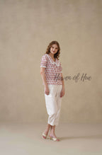 Women’s Red Floral Cotton Summer Top with Lace Peter Pan Collar