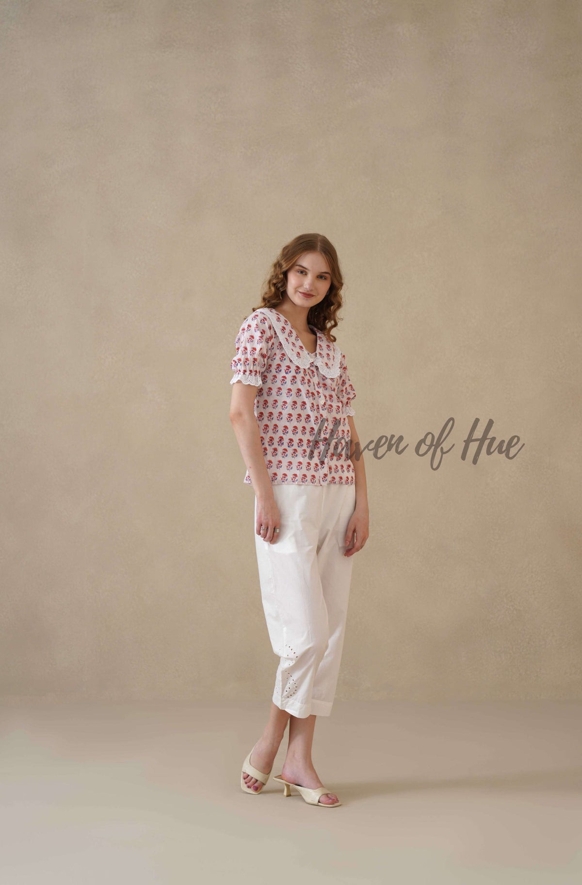 Women’s Red Floral Cotton Summer Top with Lace Peter Pan Collar