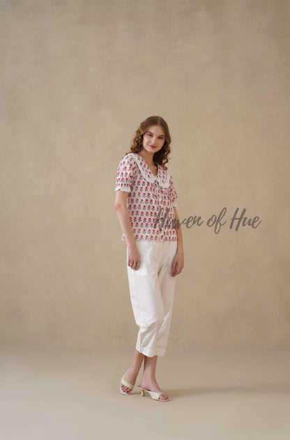 Women’s Red Floral Cotton Summer Top with Lace Peter Pan Collar