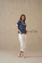 Women’s Indigo Blue Tree Print Cotton Top with Lace Peter Pan Collar