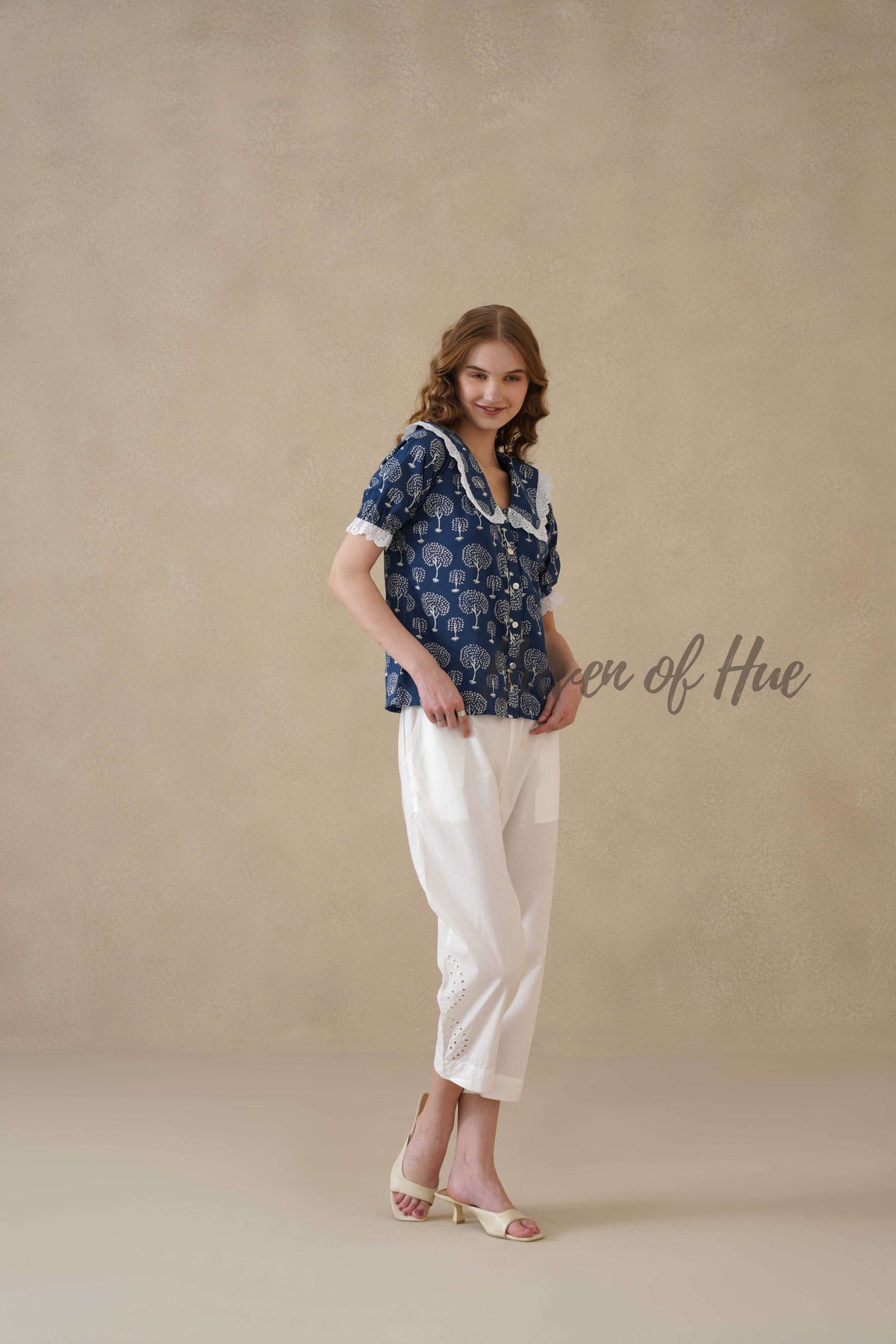 Women’s Indigo Blue Tree Print Cotton Top with Lace Peter Pan Collar