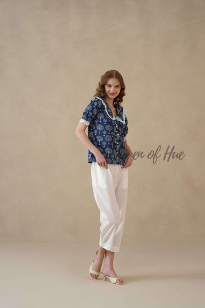 Women’s Indigo Blue Tree Print Cotton Top with Lace Peter Pan Collar