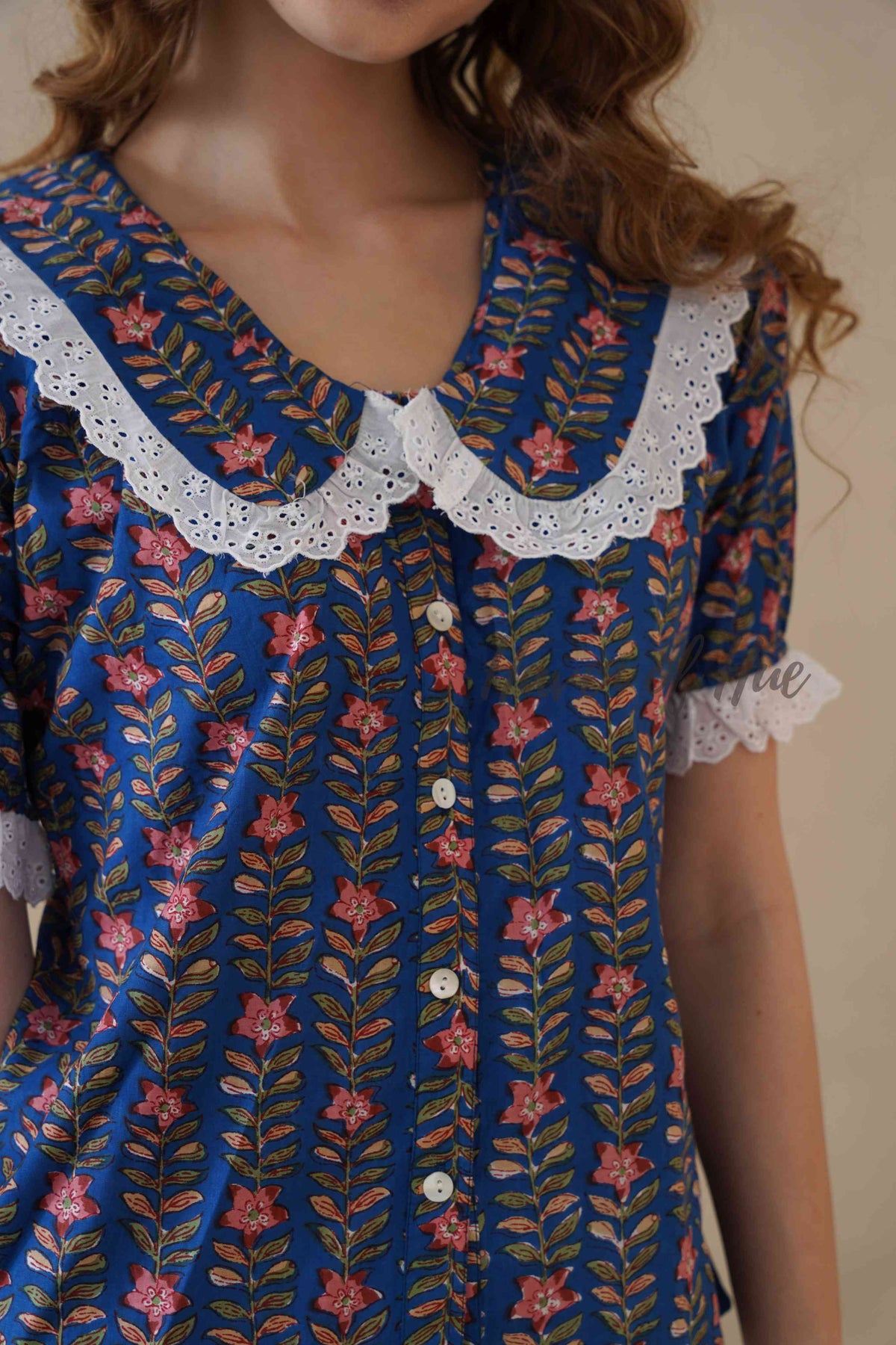 Women’s Blue Floral Cotton Block Printed Top with Lace Peter Pan Collar