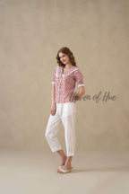 Women’s Red Floral Hand Block Printed Cotton Top with Lace Collar