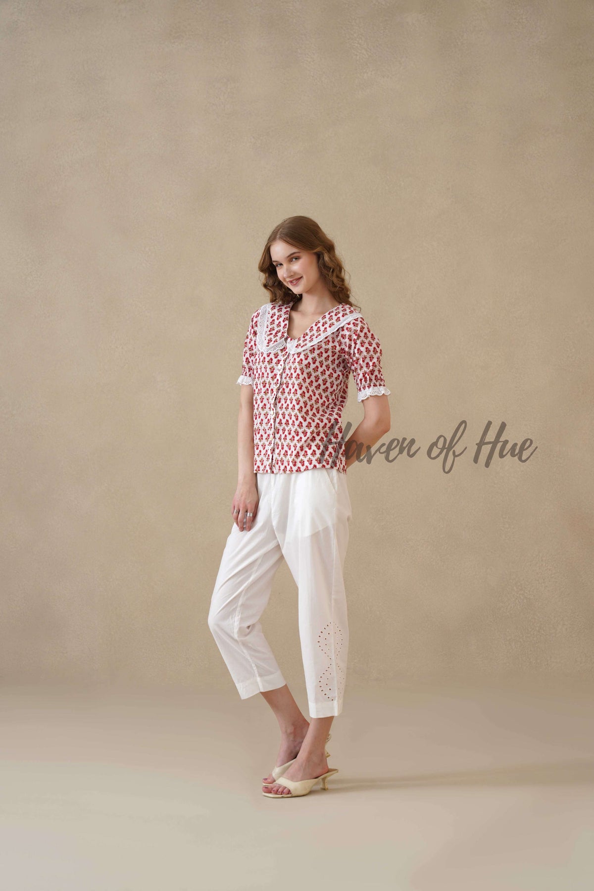 Women’s Red Floral Hand Block Printed Cotton Top with Lace Collar