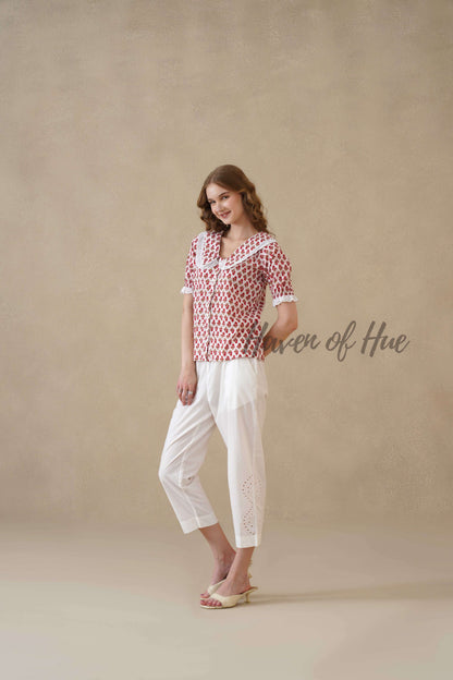 Women’s Red Floral Hand Block Printed Cotton Top with Lace Collar