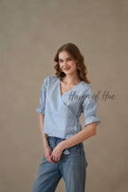 Women’s Blue and White Striped Cotton Wrap Top with Puff Sleeves