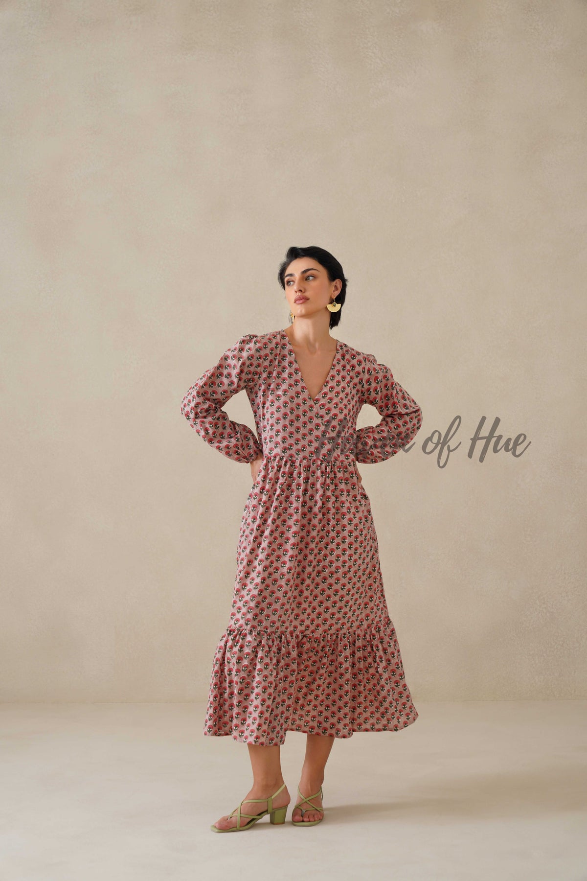 Cotton Midi Dress Summer Boho Floral Print, Dusty Rose Long Sleeve Tiered Dress