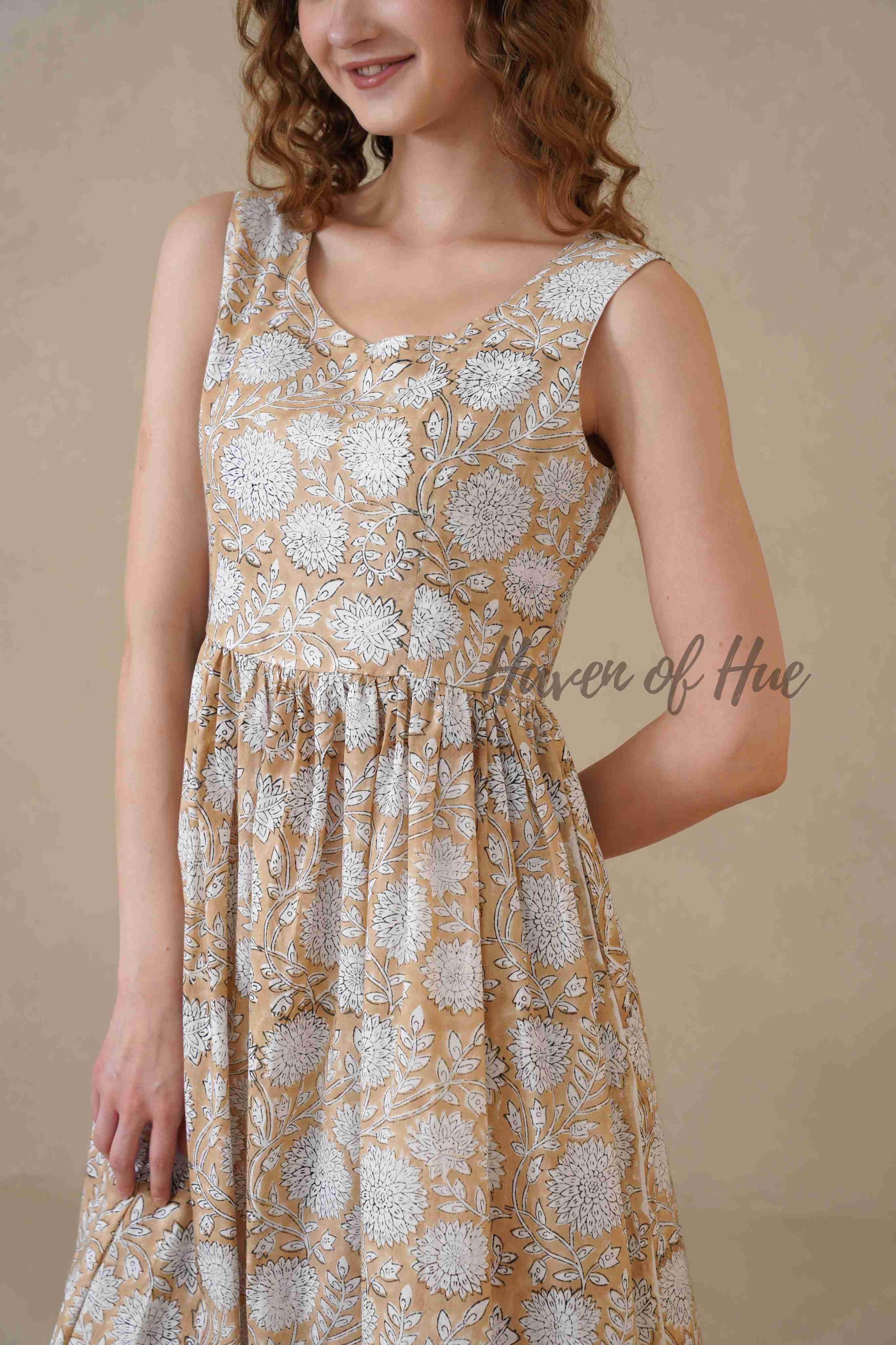 Brown Sleeveless Cotton Dress with White Floral Print
