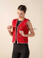 Hand Block Printed Quilted Cotton Vest Jacket Reversible Sleeveless Tie-Up Jacket
