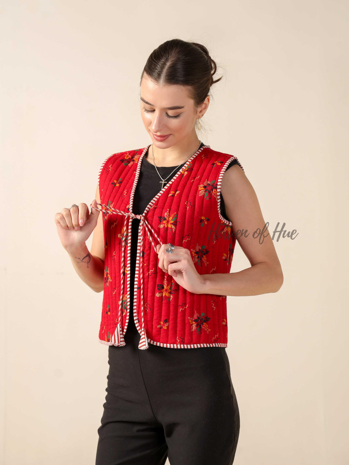 Hand Block Printed Quilted Cotton Vest Jacket Reversible Sleeveless Tie-Up Jacket