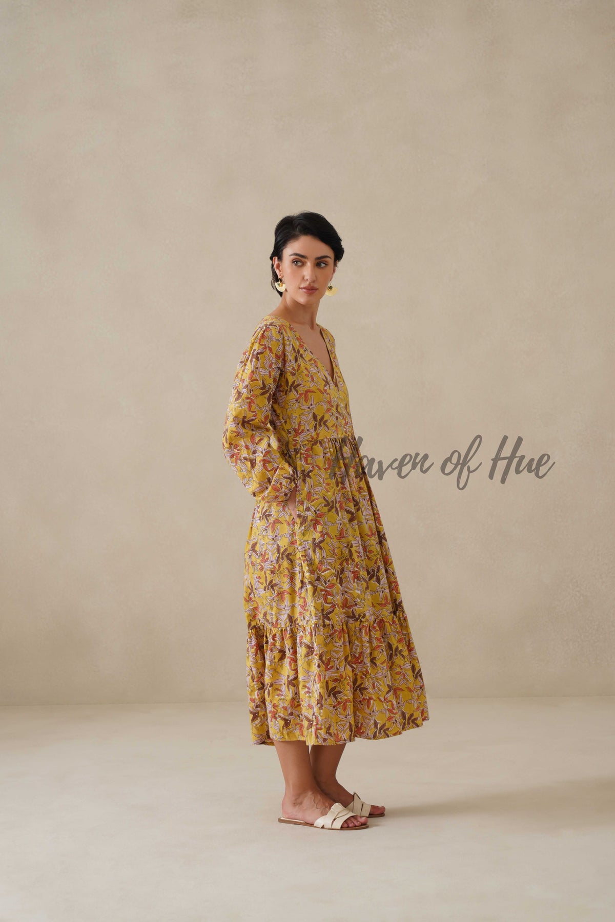 Yellow Floral Cotton Dress | Long Sleeve V-Neck Midi Dress