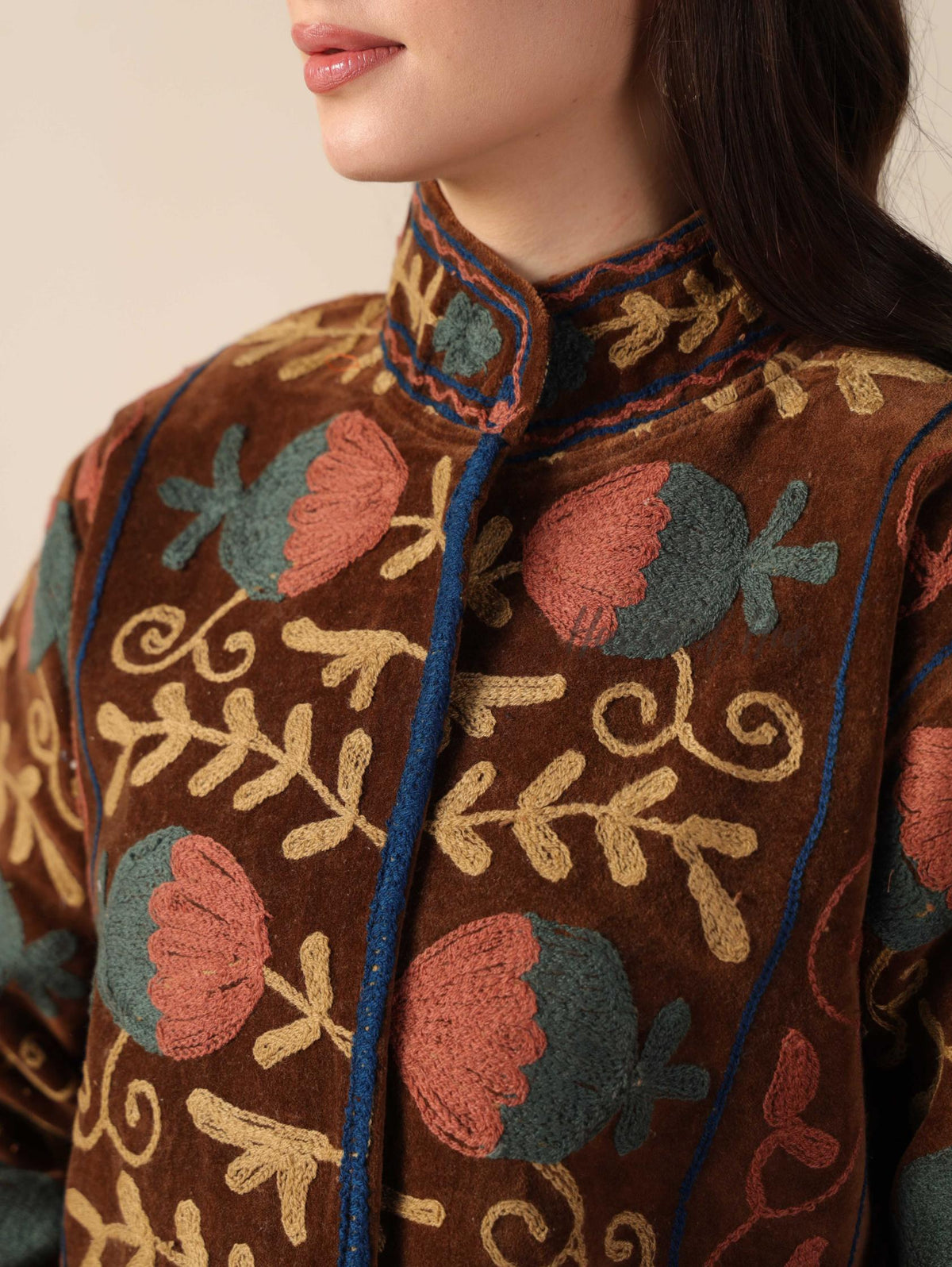 Brown Suzani Velvet Jacket Teal Floral Embroidered Boho Artisanal Statement Coat
