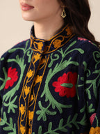 Black Suzani Velvet Jacket Pink Green Floral Embroidered Boho Chic Coat