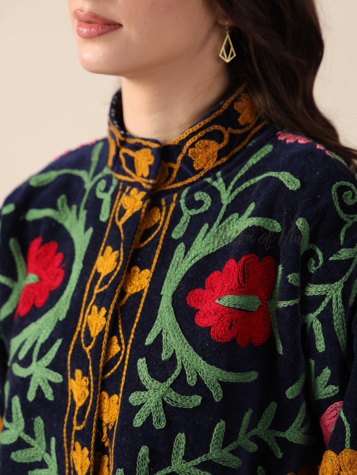 Black Suzani Velvet Jacket Pink Green Floral Embroidered Boho Chic Coat