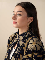 Navy Blue Suzani Velvet Jacket Gold Embroidered Boho Floral Statement Coat