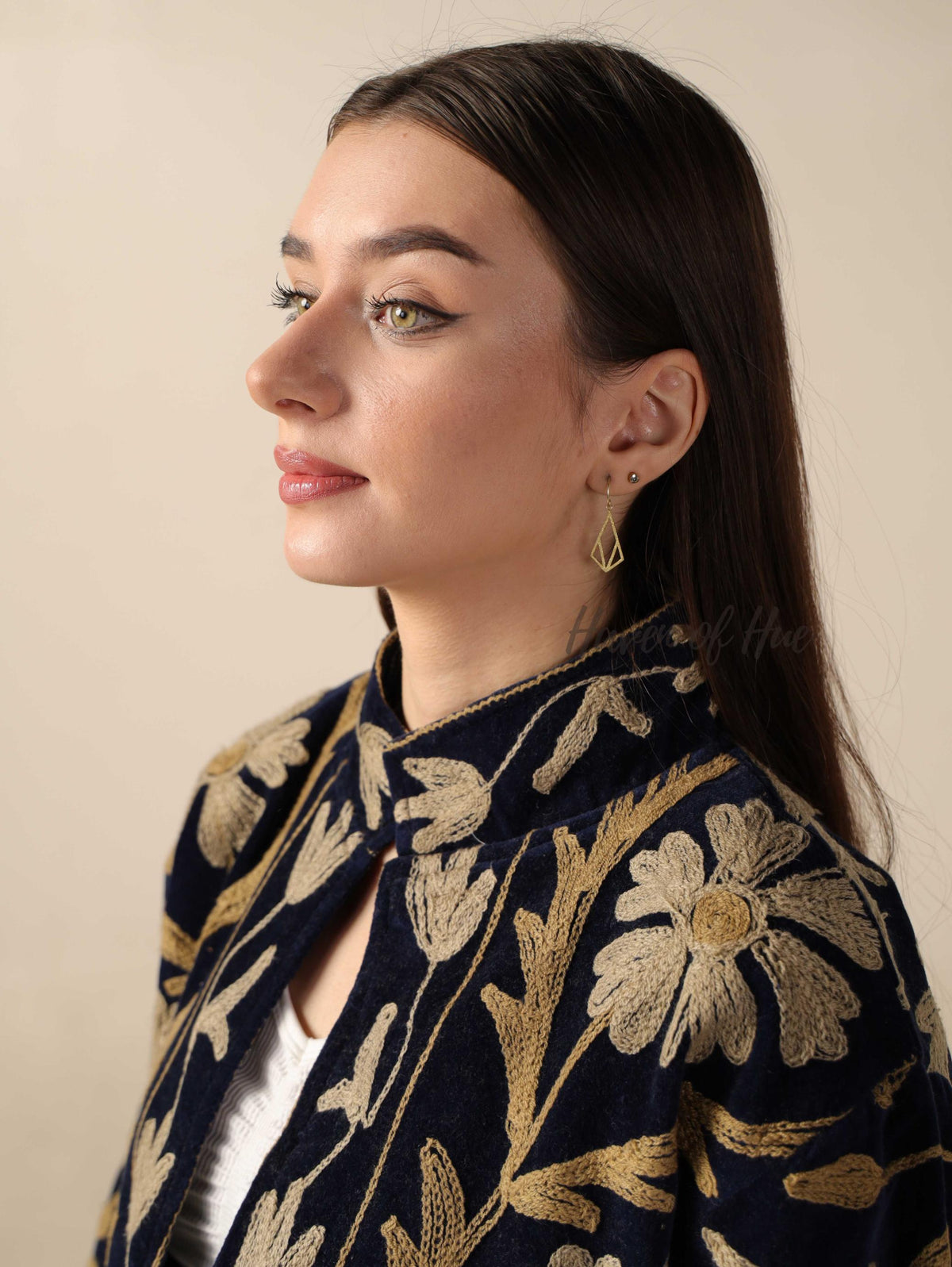 Navy Blue Suzani Velvet Jacket Gold Embroidered Boho Floral Statement Coat