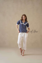Women’s Blue Floral Cotton Block Printed Top with Lace Peter Pan Collar
