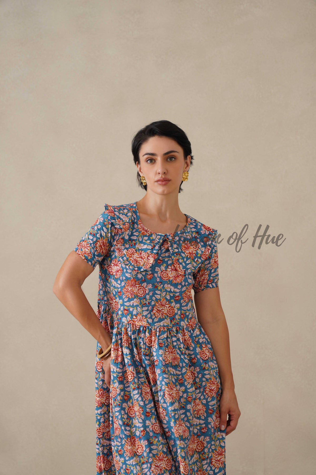 Floral Cotton Midi Dress with Short Sleeves - Vintage Boho Print Summer Day Dress for Women - Relaxed Fit Blue A-Line Dress