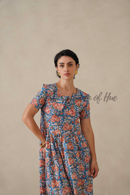 Floral Cotton Midi Dress with Short Sleeves - Vintage Boho Print Summer Day Dress for Women - Relaxed Fit Blue A-Line Dress