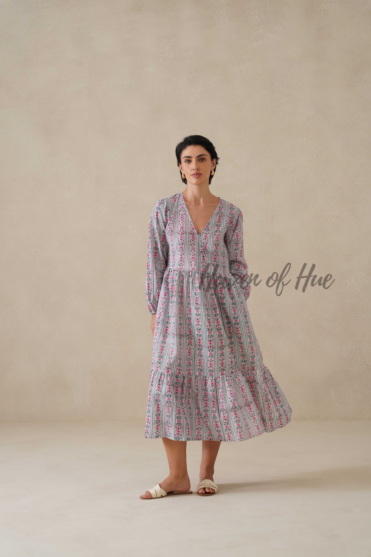 Floral Cotton Midi Dress with Long Sleeves, Pink Boho V-Neck Tiered Sundress