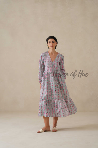 Floral Cotton Midi Dress with Long Sleeves, Pink Boho V-Neck Tiered Sundress