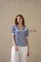 Women's Blue Floral Cotton Block Print Top with Lace Peter Pan Collar