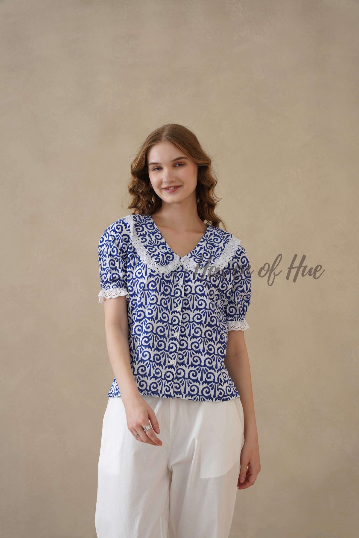 Women's Blue Floral Cotton Block Print Top with Lace Peter Pan Collar
