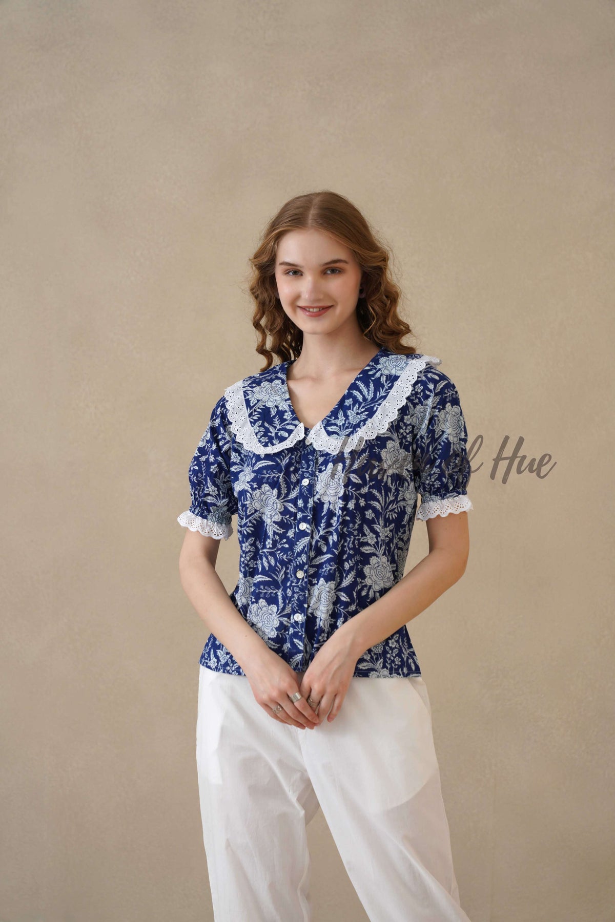 Women's Blue Floral Cotton Summer Top with Elegant Lace Collar