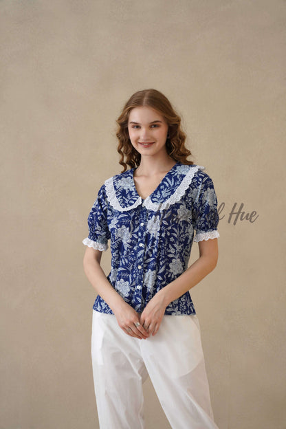 Women's Blue Floral Cotton Summer Top with Elegant Lace Collar