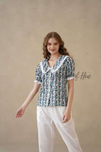 Women’s Multicolor Floral Cotton Top with Lace Peter Pan Collar