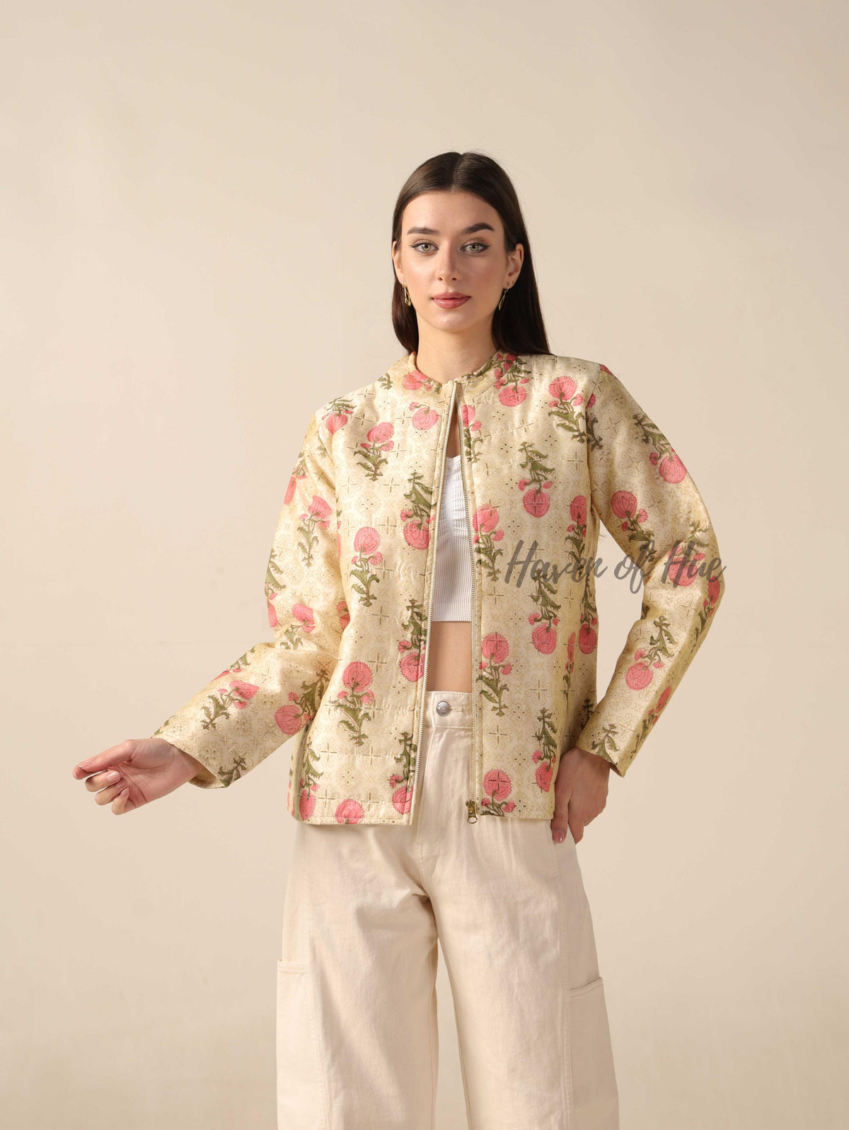 Silk Floral Printed Jacket for Women Lightweight Zip Front Silk Coat