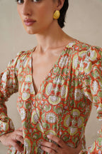 Cotton Midi Dress Summer Boho Floral Print, Rust Orange Block Print Sundress