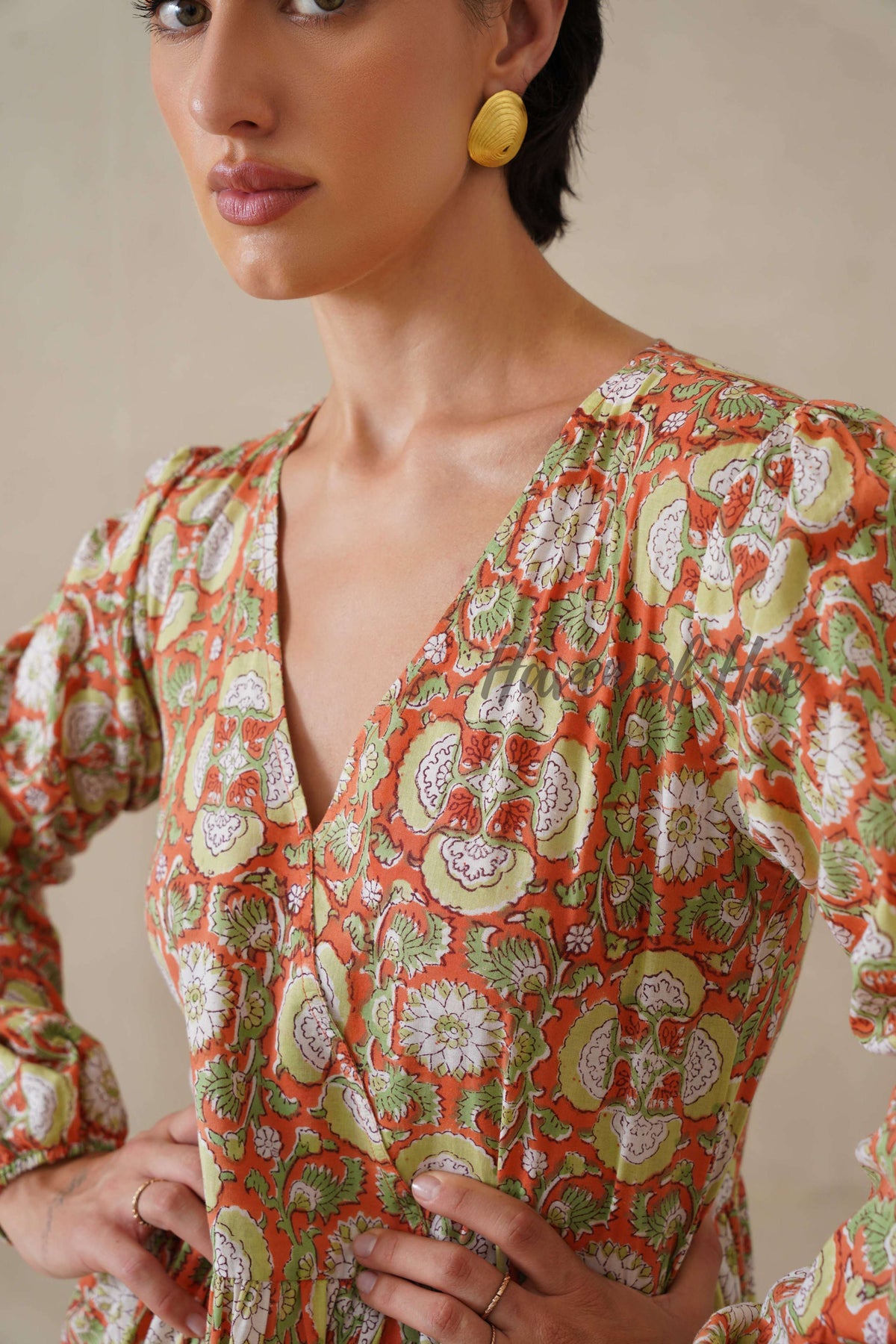 Cotton Midi Dress Summer Boho Floral Print, Rust Orange Block Print Sundress