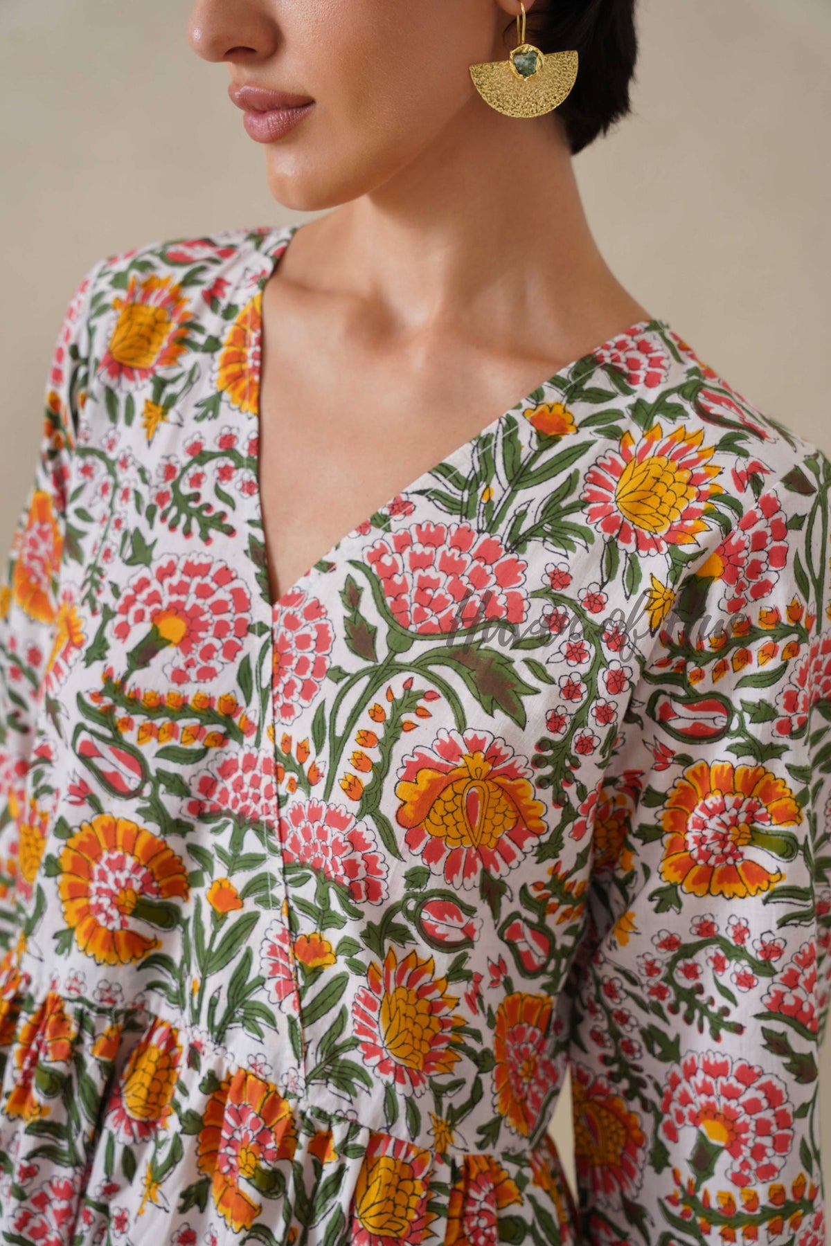 Cotton Midi Dress Summer Boho Floral Print, White and Orange Block Print Sundress