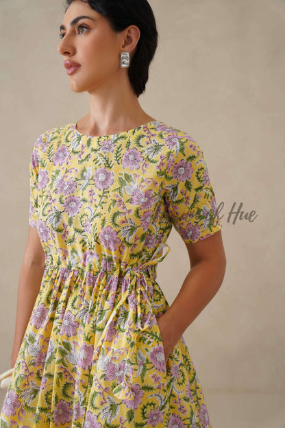 Yellow Floral Cotton Midi Dress - Boho Cottagecore Summer Dress