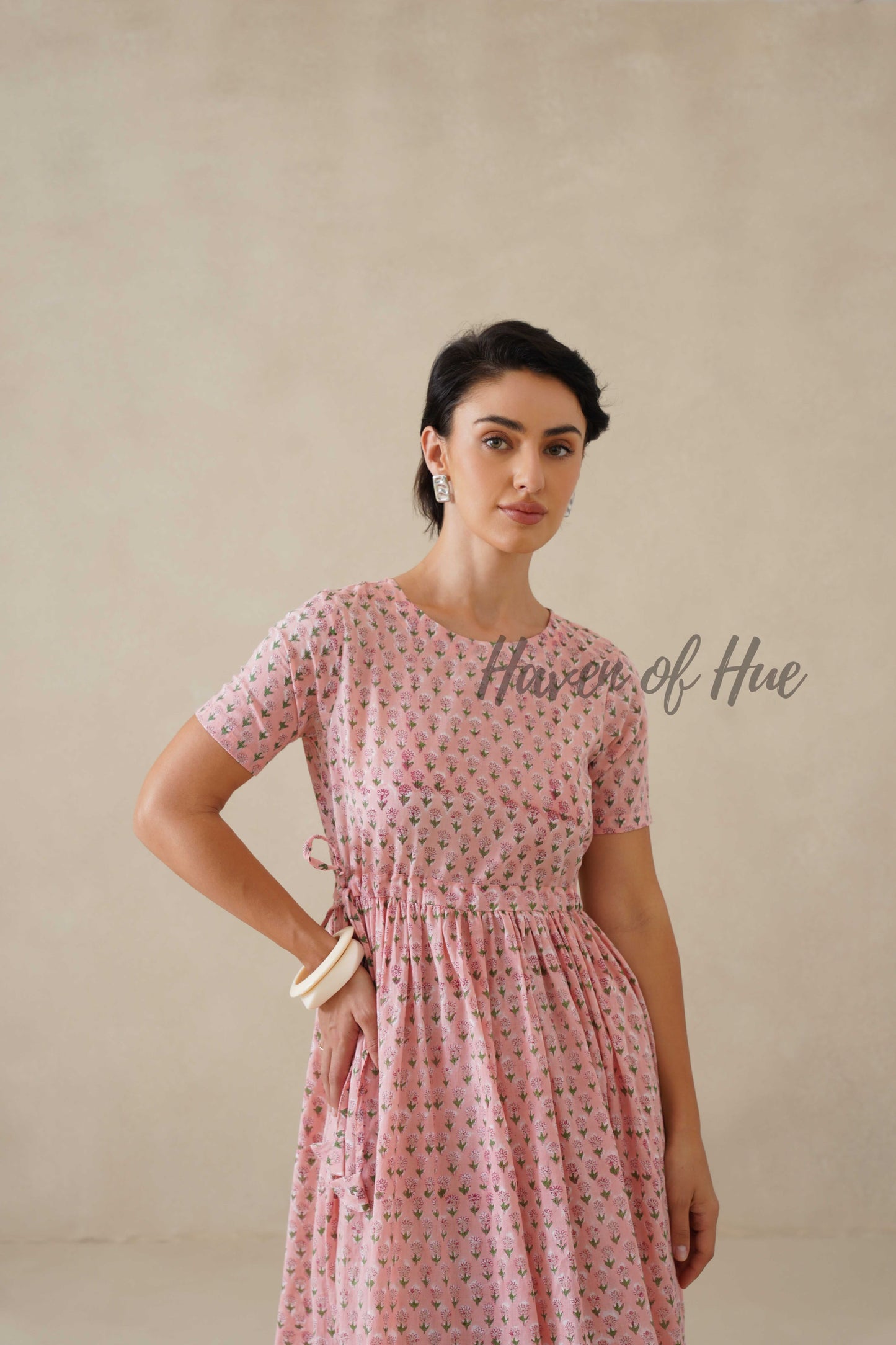 Blush Pink Floral Cotton Midi Dress - Boho Cottagecore Summer Dress
