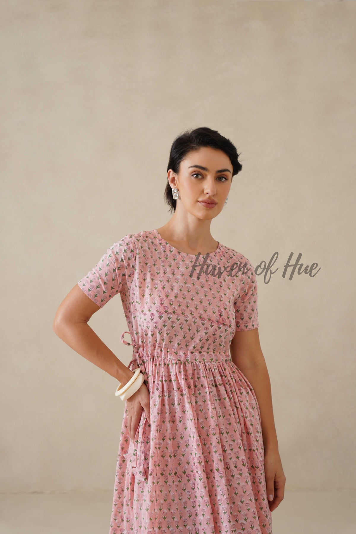 Blush Pink Floral Cotton Midi Dress - Boho Cottagecore Summer Dress