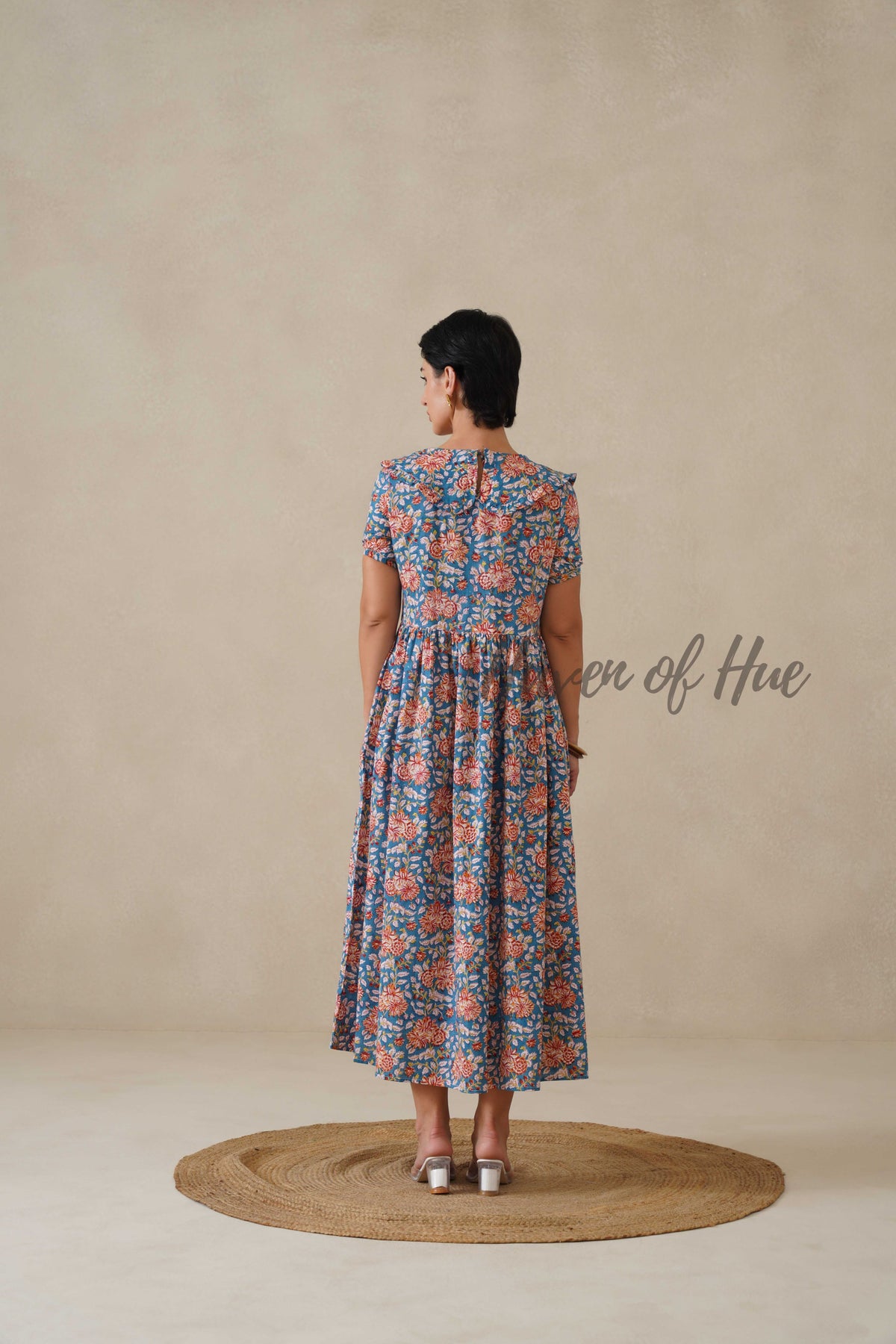 Floral Cotton Midi Dress with Short Sleeves - Vintage Boho Print Summer Day Dress for Women - Relaxed Fit Blue A-Line Dress