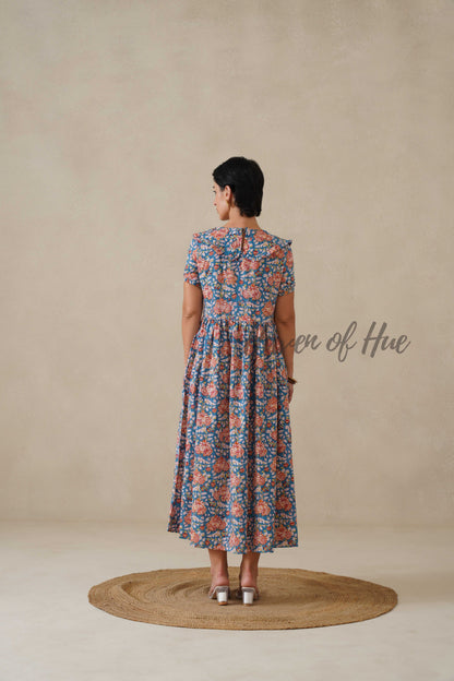 Floral Cotton Midi Dress with Short Sleeves - Vintage Boho Print Summer Day Dress for Women - Relaxed Fit Blue A-Line Dress