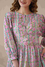 Multicolor Floral Cotton Midi Dress with Long Sleeves