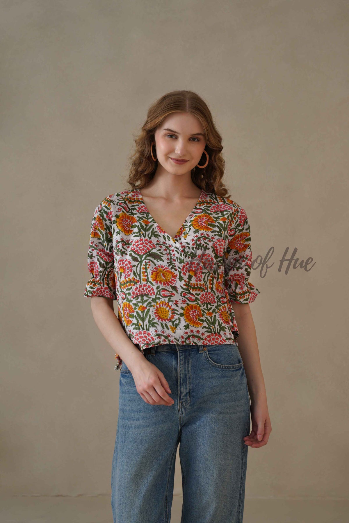 Women’s Multicolor Floral Cotton Wrap Blouse with Adjustable Tie Waist