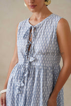 Blue Cotton Midi Dress for Women, Sleeveless Boho Summer Sundress