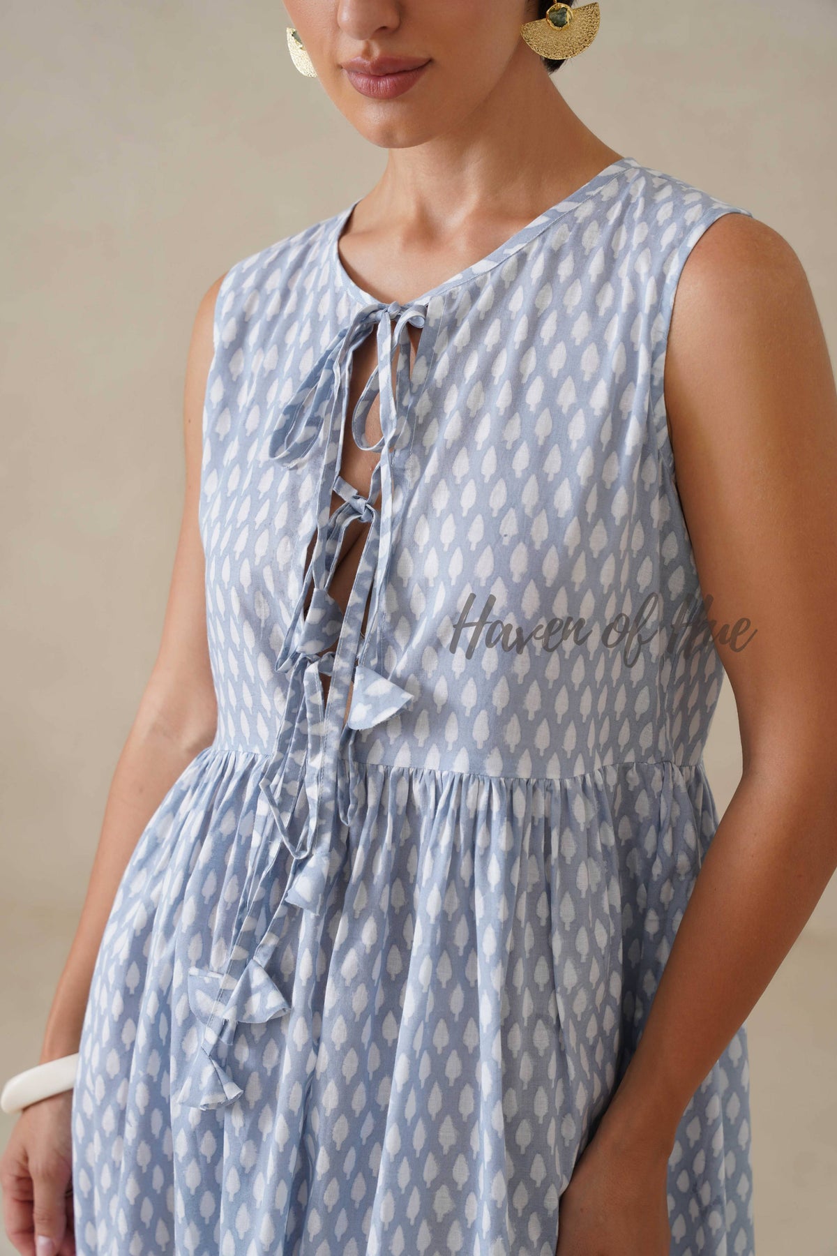 Blue Cotton Midi Dress for Women, Sleeveless Boho Summer Sundress
