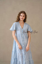 Blue Stripe Maxi Dress Cotton Flutter Sleeve Tiered