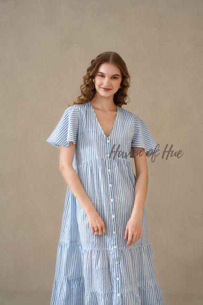 Blue Stripe Maxi Dress Cotton Flutter Sleeve Tiered