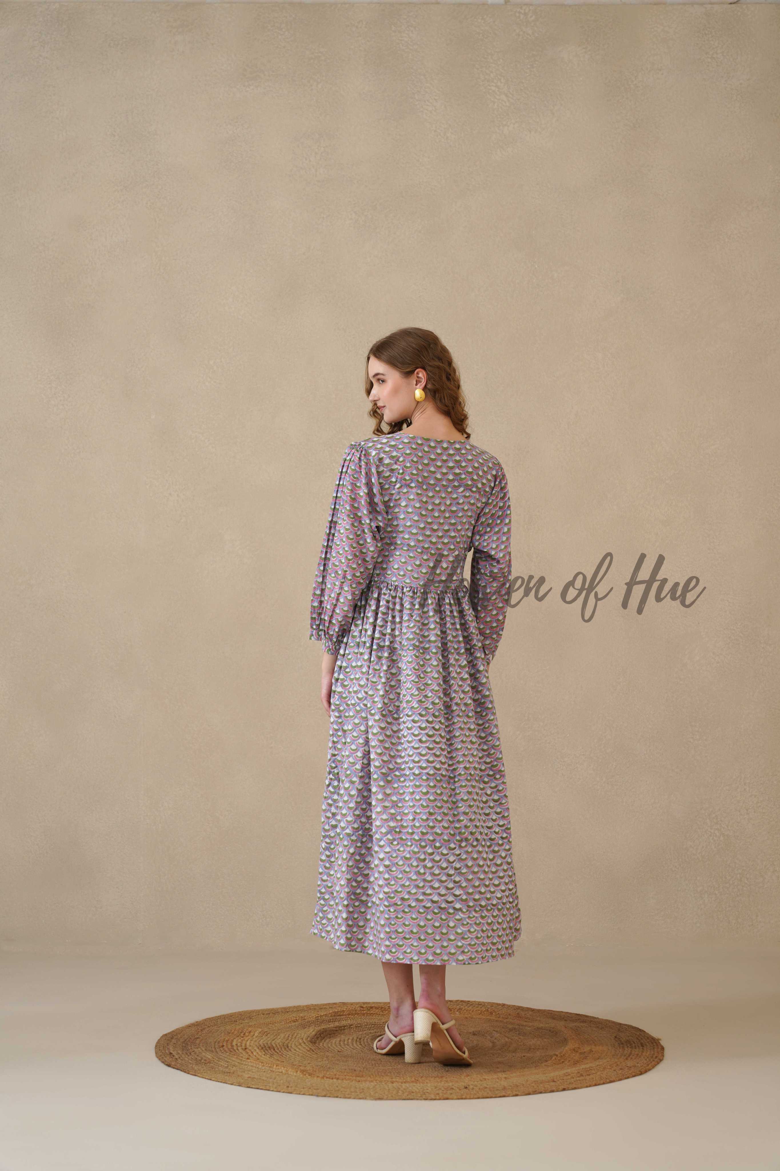 Purple Full Sleeve Cotton Dress with Scallop Print