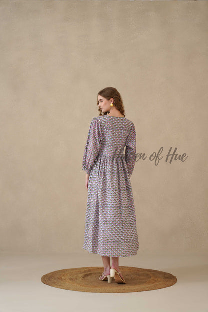 Purple Full Sleeve Cotton Dress with Scallop Print